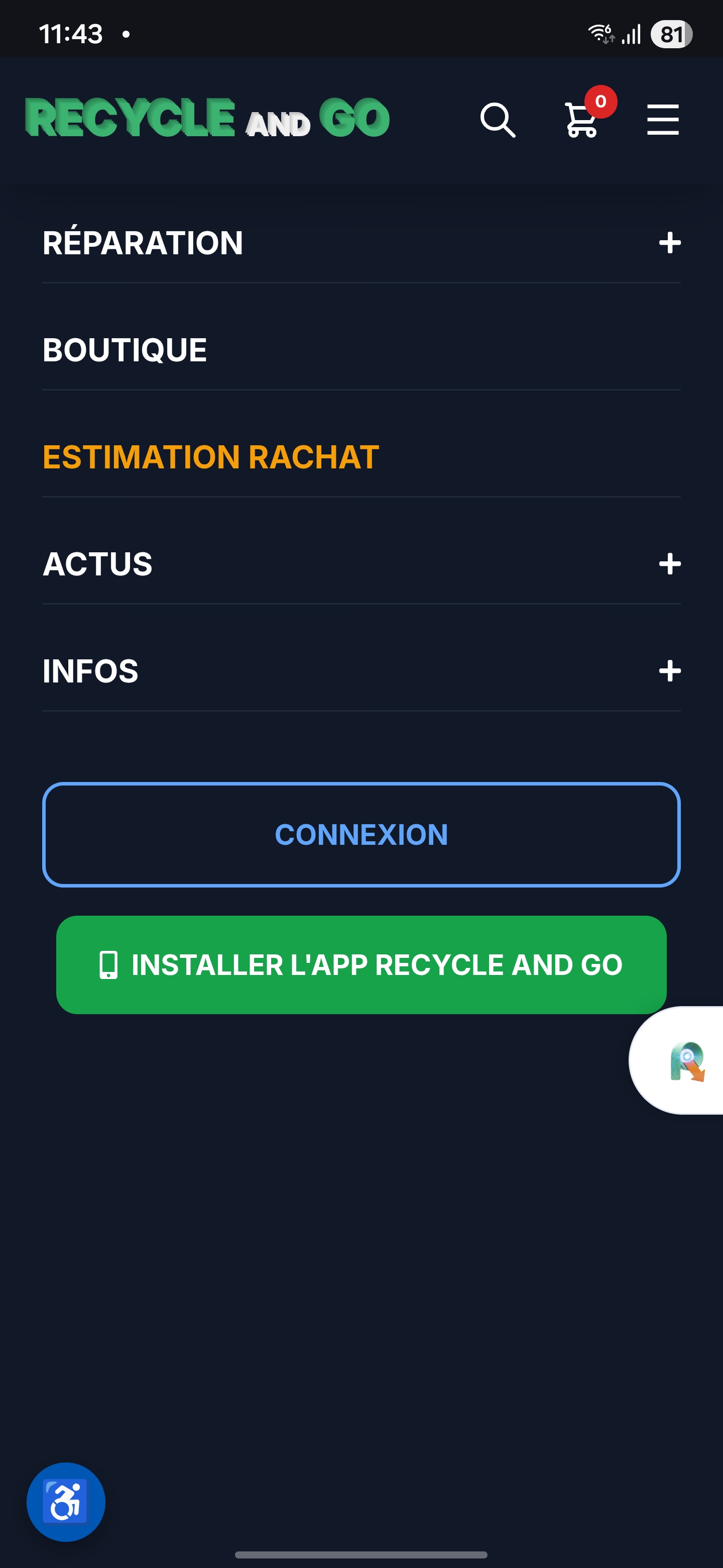 Menu Hamburger Recycle and Go et Bouton Installer l'App