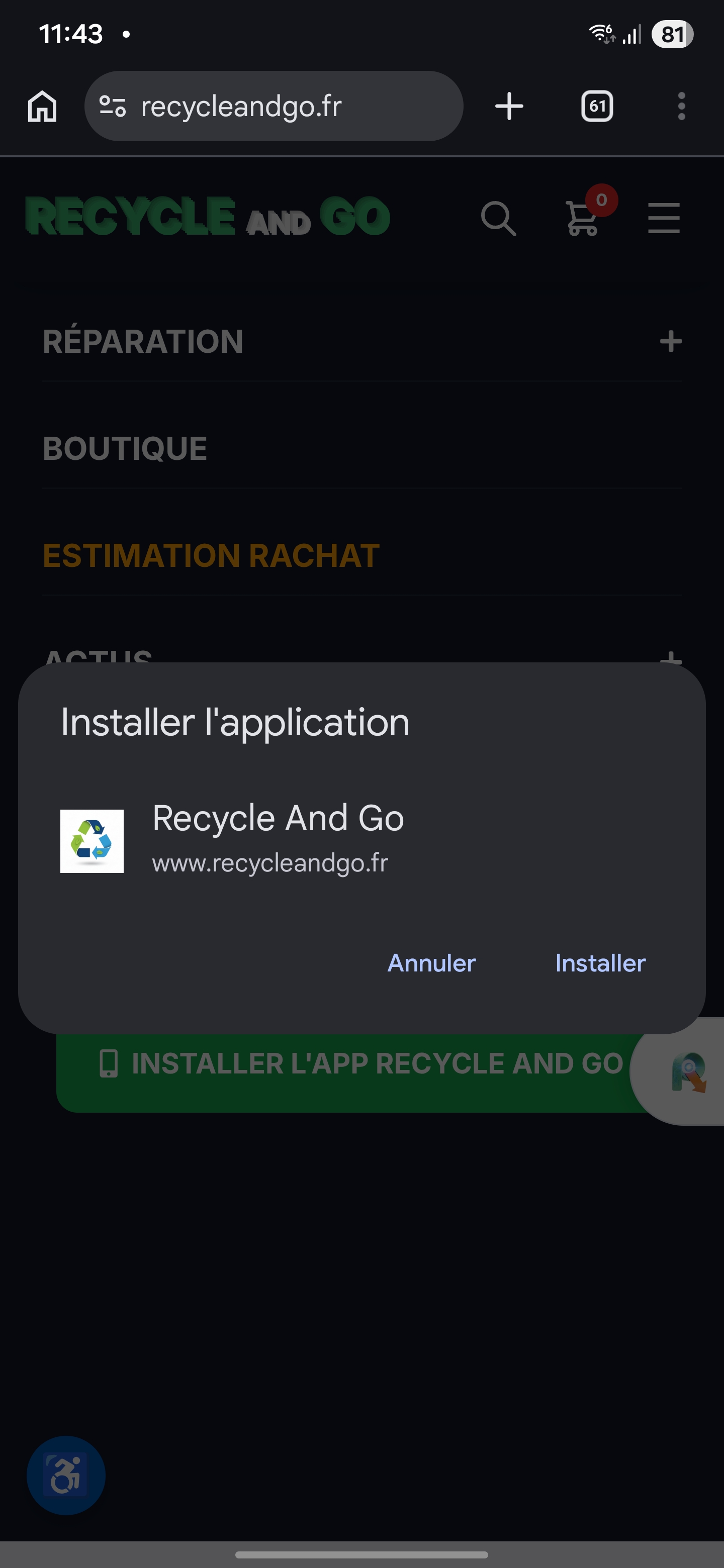 Fenêtre de confirmation d'installation d'application Android